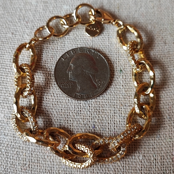 Stella and Dot Shiny Gold Tone Rhinestone Encrusted and Hammered Link Bracelet - Picture 4 of 6